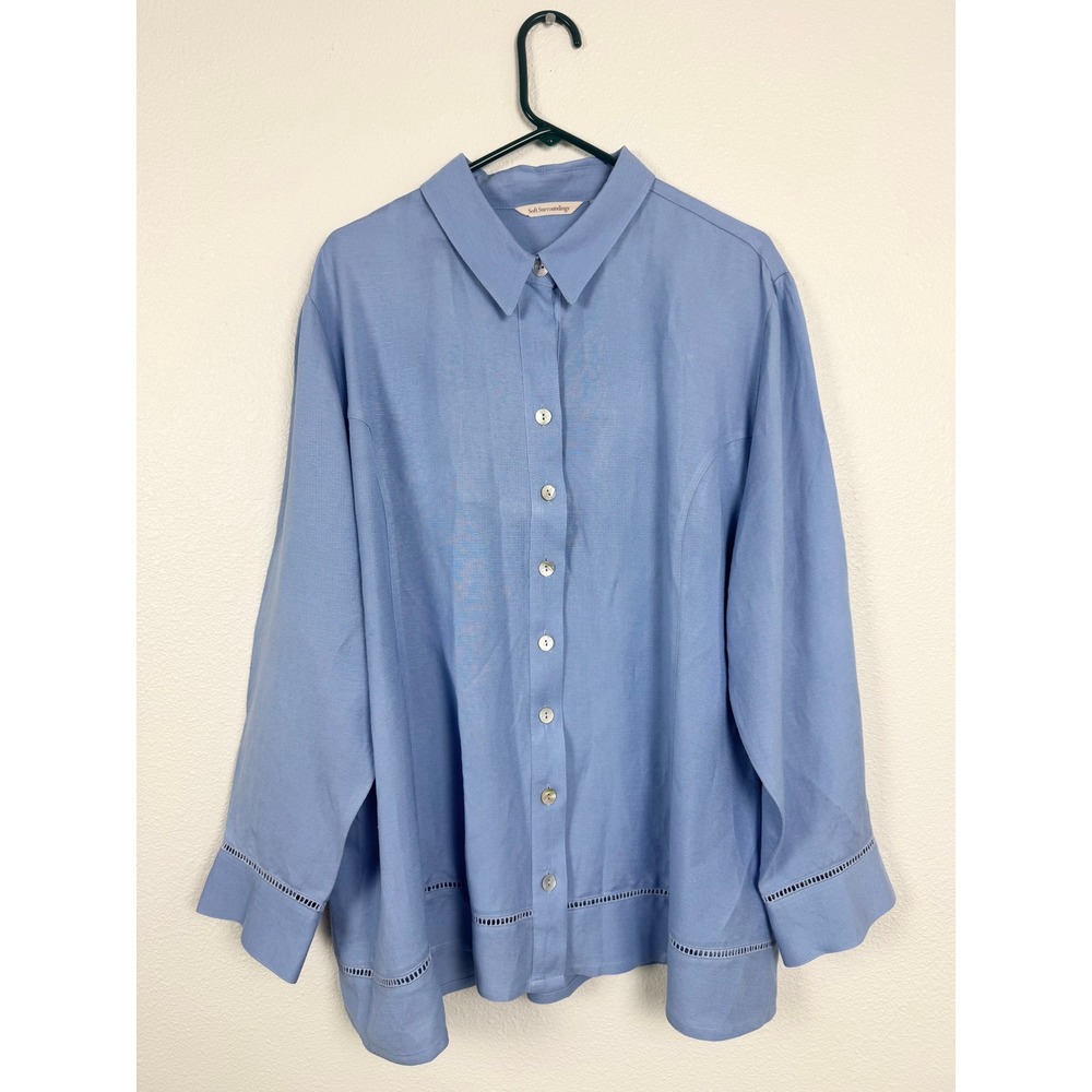 Soft Surroundings Blue Linen Blend Ladder Stitch Button Down Shirt 3X